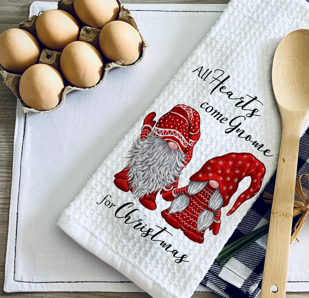 Gnome Christmas Kitchen Towels | All Hearts Come  For Christmas Gnome | Gnome Couple Dishcloth