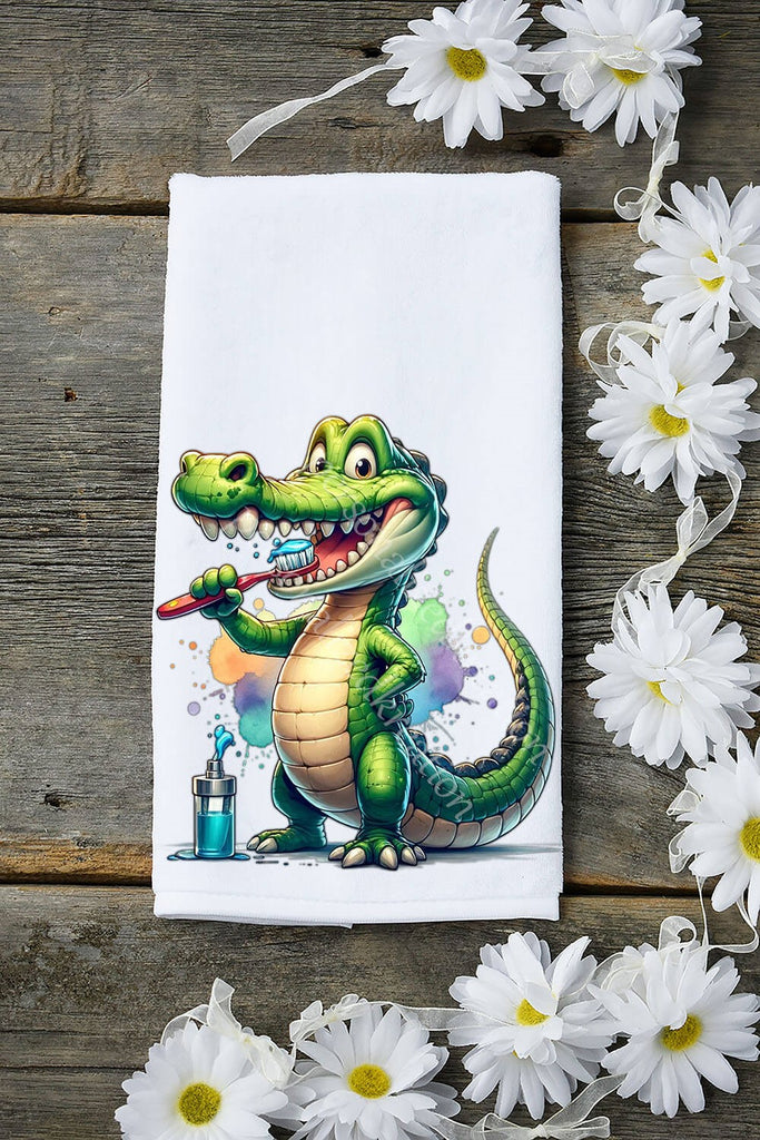 velour terry cloth 15x22 inches soft absorbent kids bathroom hand towel image alligator brushing teeth image printed on both ends
