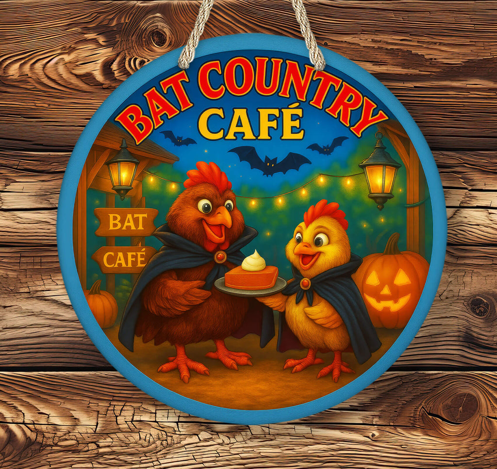 Decorative sign for Bat Country Café with cartoon chickens and a bat, on a wooden background.