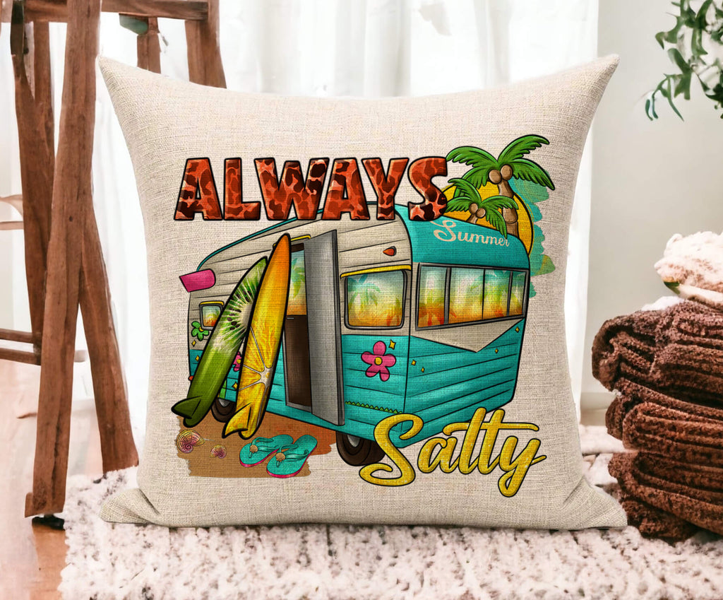 always salty beach camper pillow, coastal summer decor, retro camper throw pillow, surfboard and palm tree pillow, tropical vacation home accent, beach house decorative pillow, ocean theme camper cushion, rv camper decor, summer travel gift, surfer home decor - Personalized Kreation