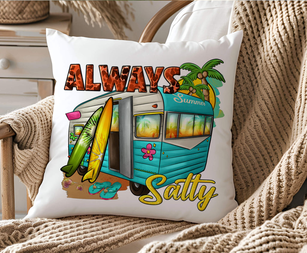 always salty beach camper pillow, coastal summer decor, retro camper throw pillow, surfboard and palm tree pillow, tropical vacation home accent, beach house decorative pillow, ocean theme camper cushion, rv camper decor, summer travel gift, surfer home decor - Personalized Kreation