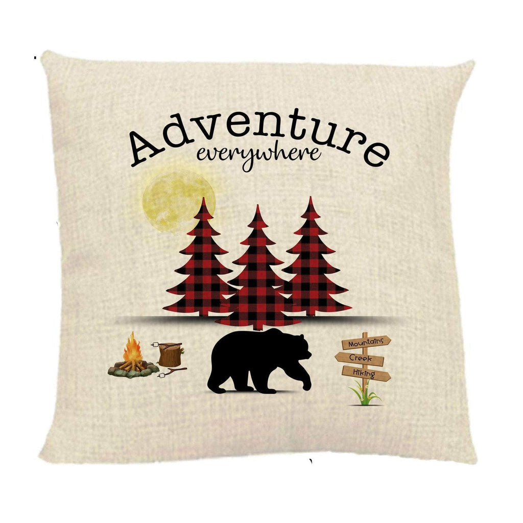 personalizedkreation-7068 Pillow Cover Linen Bear Camping Pillow Cover | Camper Pillow Cover | Buffalo Plaid Bear Decor