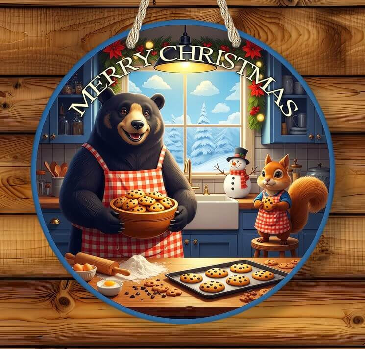 Circular Christmas-themed decoration with a bear and squirrel baking cookies in a kitchen.