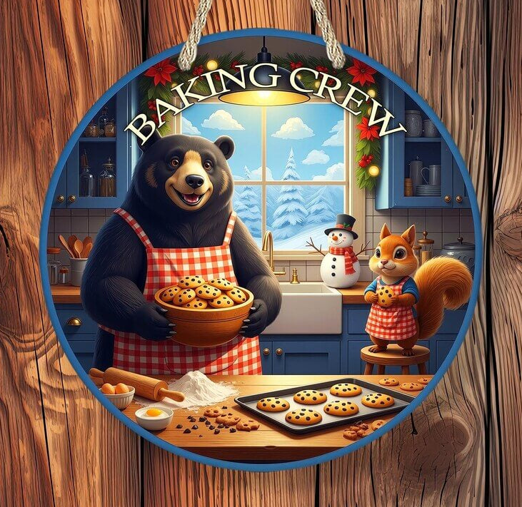 Circular sign with a bear and squirrel baking cookies in a kitchen, labeled 'Baking Crew'.