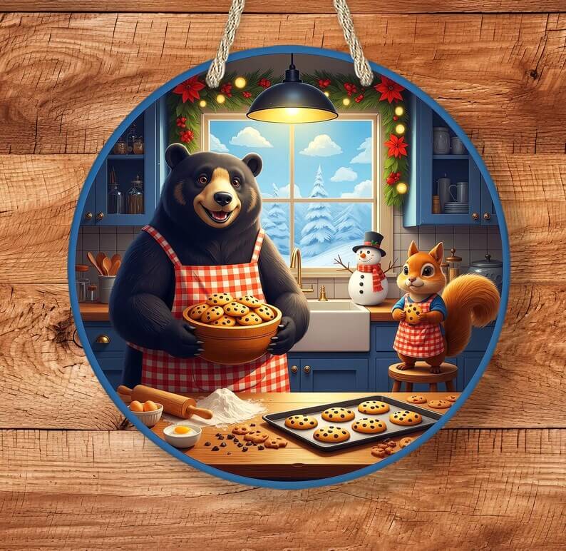 Illustration of a bear and a squirrel baking cookies in a kitchen with Christmas decorations.