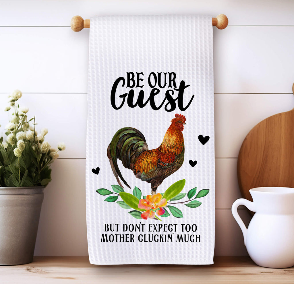 Rustic farmhouse kitchen towels featuring a vibrant rooster design with floral accents. Funny chicken-themed dish towels made from absorbent 16x24 inch microfiber perfect for farmhouse decor, country-style kitchens, and unique gifts for chicken lovers - Personalized Kreation