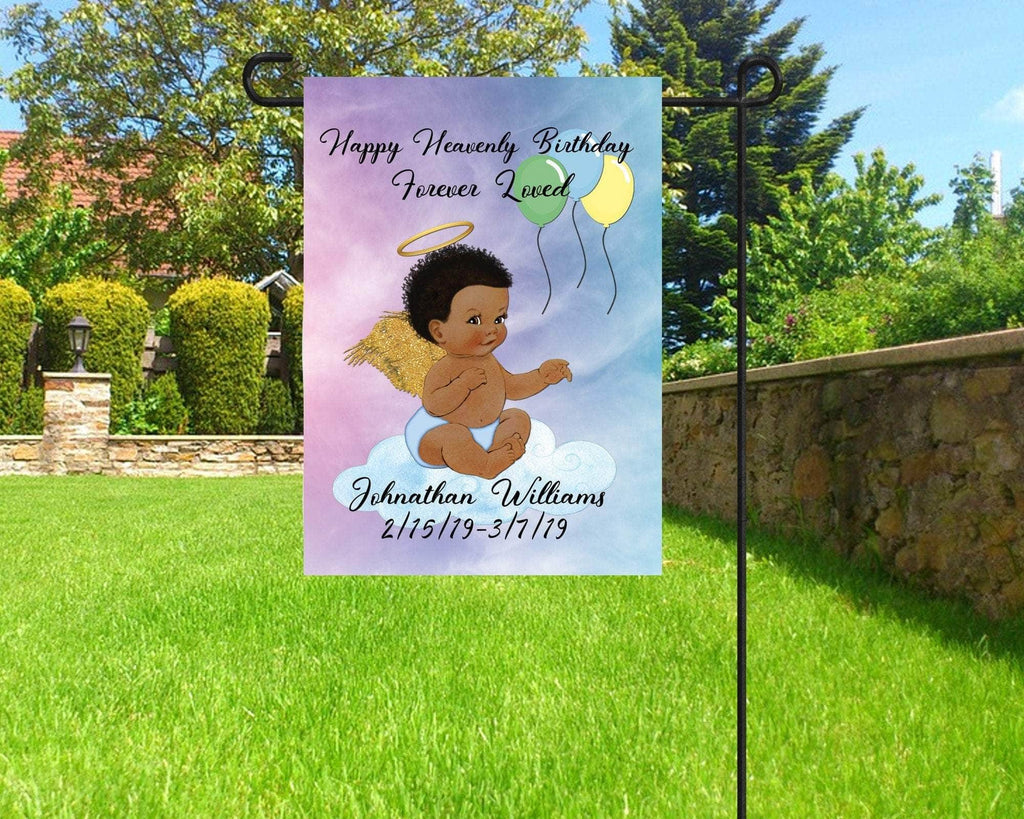 personalizedkreation-7068 Memorial Flags 12x18&quot; 2 Sided / Dark Skin Curly Hair Birthday In Heaven Boy Child Personalized Memorial Flag | Memorial Keepsakes
