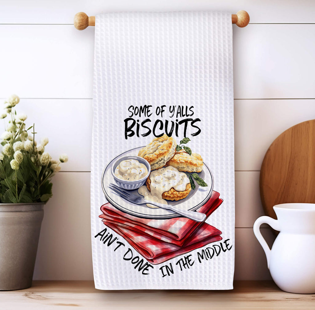 Funny Southern biscuits kitchen towel featuring a plate of biscuits and gravy with a humorous phrase, perfect for farmhouse kitchens and country cooking lovers