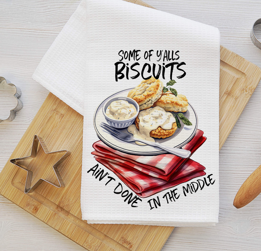 Funny Southern biscuits kitchen towel featuring a plate of biscuits and gravy with a humorous phrase, perfect for farmhouse kitchens and country cooking lovers - Personalized Kreation