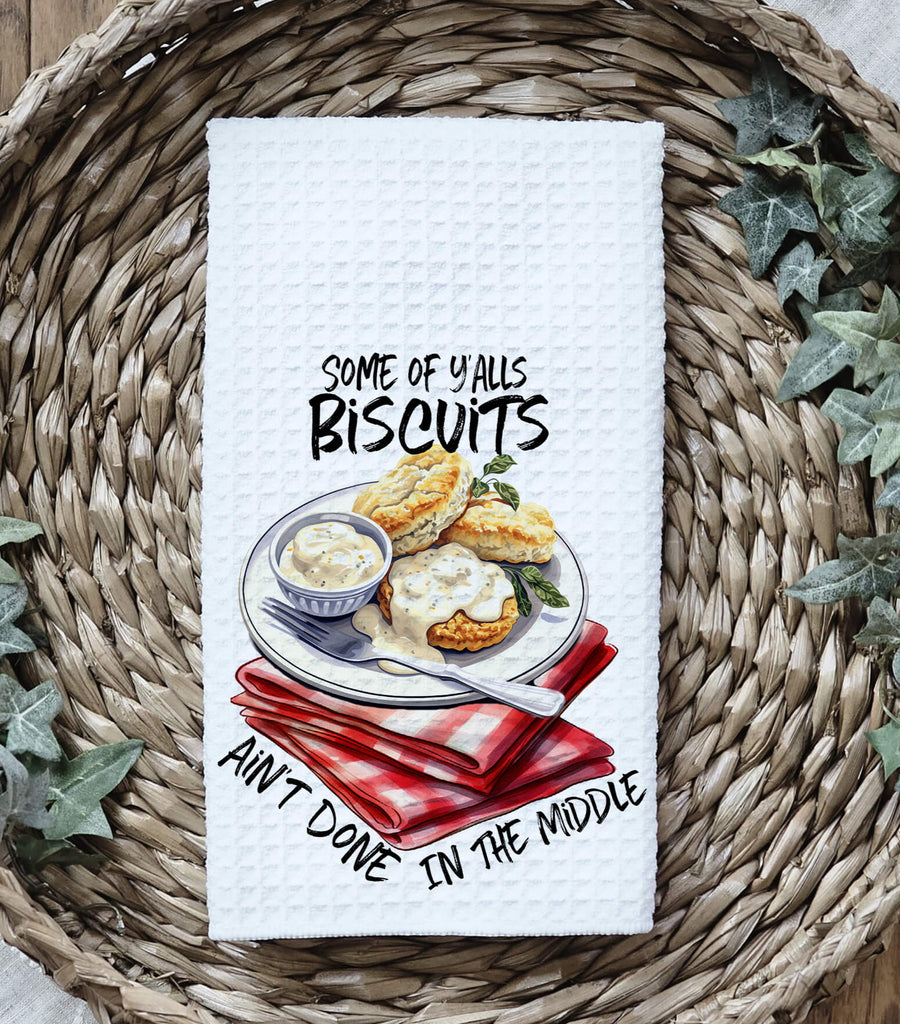 Funny Southern biscuits kitchen towel featuring a plate of biscuits and gravy with a humorous phrase, perfect for farmhouse kitchens and country cooking lovers - Personalized Kreation