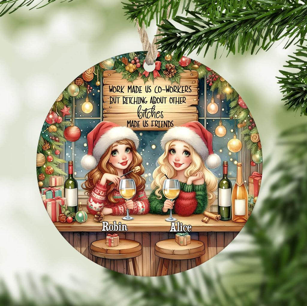 Circular ornament with two women in Santa hats at a bar, surrounded by Christmas decorations.