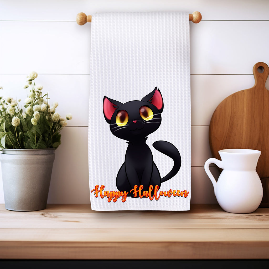 Black Cat Happy Halloween towel 16x24 inches microfiber waffle weave kitchen towel - Personalized Kreation