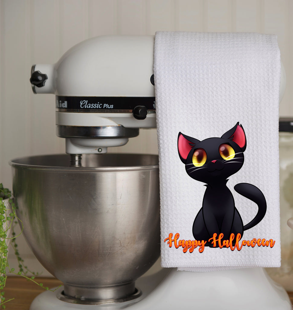 Black Cat Happy Halloween towel 16x24 inches microfiber waffle weave kitchen towel - Personalized Kreation