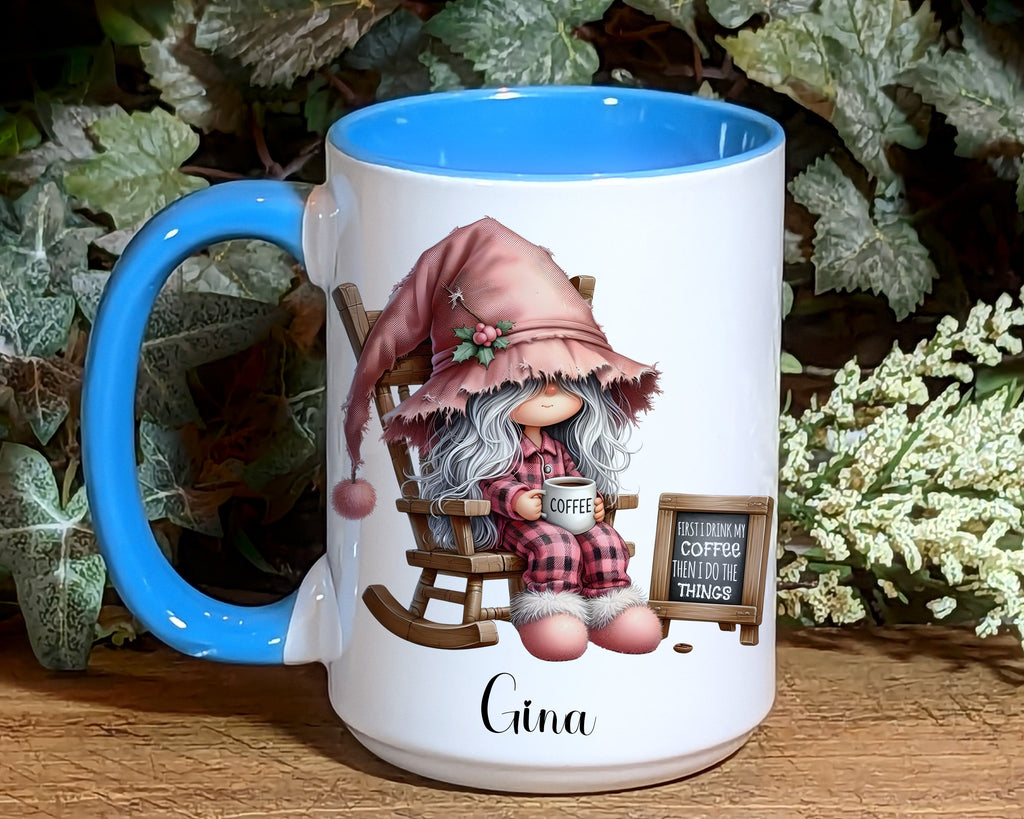 Personalized Coffee Mug | Gnome Coffee Lover Gift | Custom Name 15oz Ceramic Mug | Coffee First Funny Quote  | Personalized Kreation