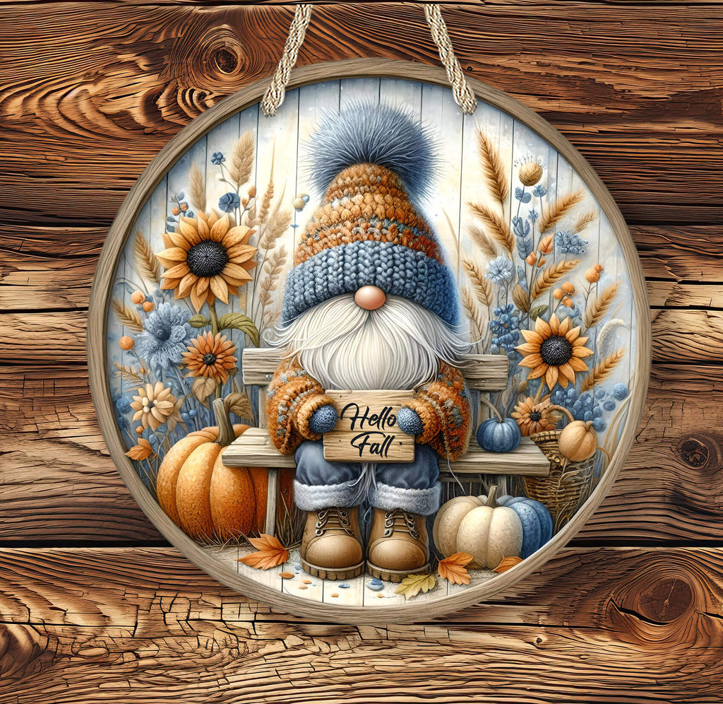 Hello Fall Gnome Sign | Rustic Autumn Farmhouse Door Hanger | Pumpkin & Sunflower Porch Decor - Personalized Kreation