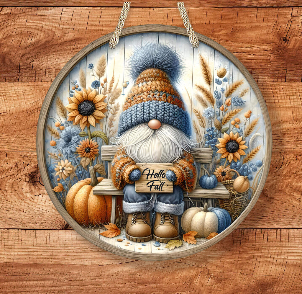 Hello Fall Gnome Sign | Rustic Autumn Farmhouse Door Hanger | Pumpkin & Sunflower Porch Decor - Personalized Kreation