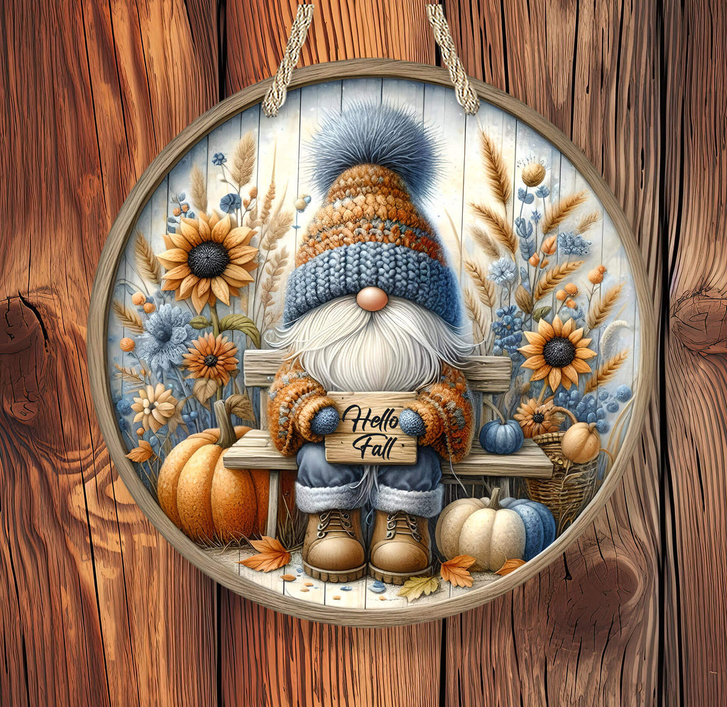 Hello Fall Gnome Sign | Rustic Autumn Farmhouse Door Hanger | Pumpkin & Sunflower Porch Decor - Personalized Kreation