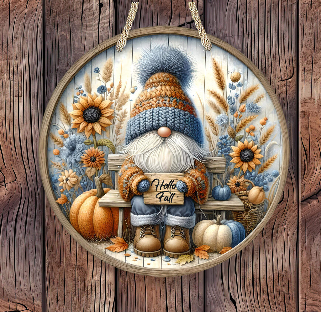 Hello Fall Gnome Sign | Rustic Autumn Farmhouse Door Hanger | Pumpkin & Sunflower Porch Decor - Personalized Kreation