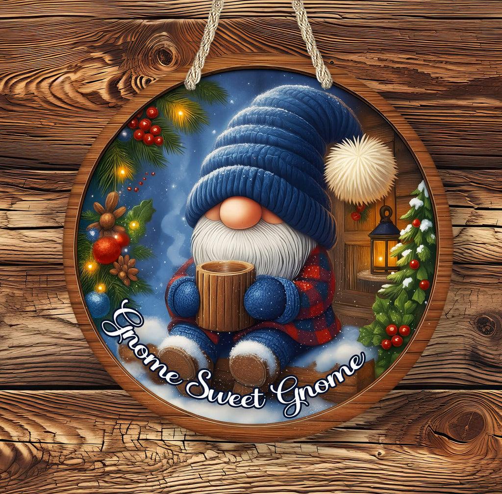 Whimsical blue gnome Merry Christmas porch sign with hot cocoa, snowy cabin, pine garland, and rustic wood frame
