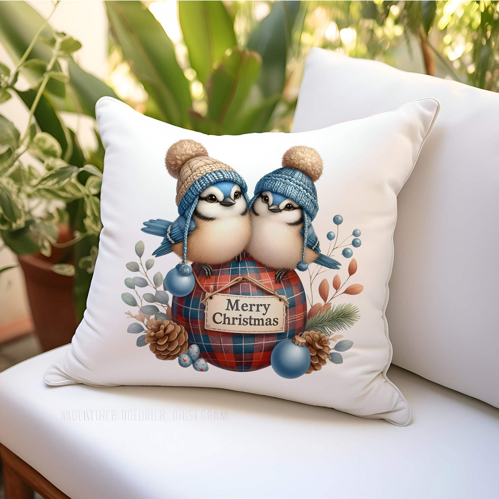 Christmas Pillow Cover with Birds and Winter Accents | Holiday Blue Jay Pillow Cover