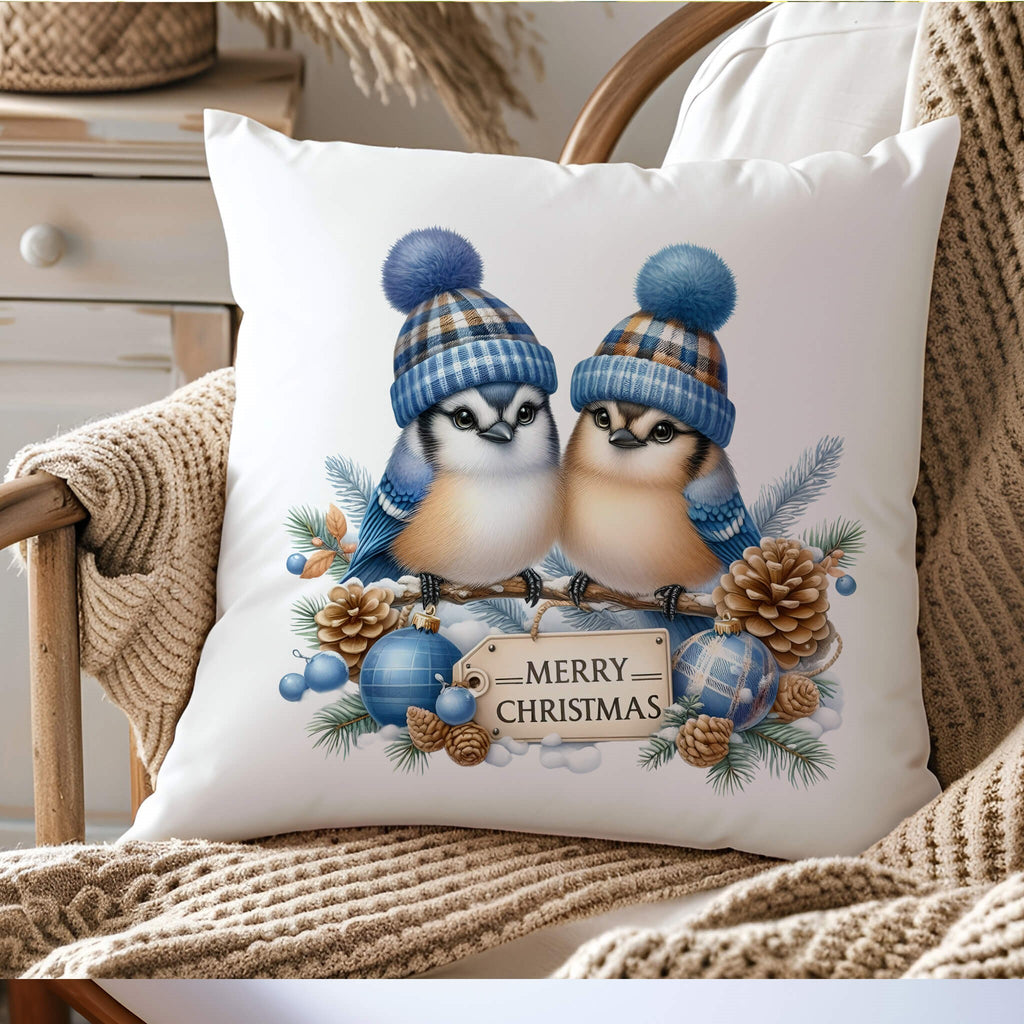 Christmas Pillow Cover with Birds and Winter Accents | Holiday Blue Jay Pillow Cover