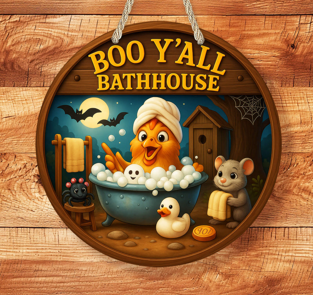 Decorative sign for 'Boo Y'all Bathhouse' with cartoon characters in a bathtub on a wooden background.