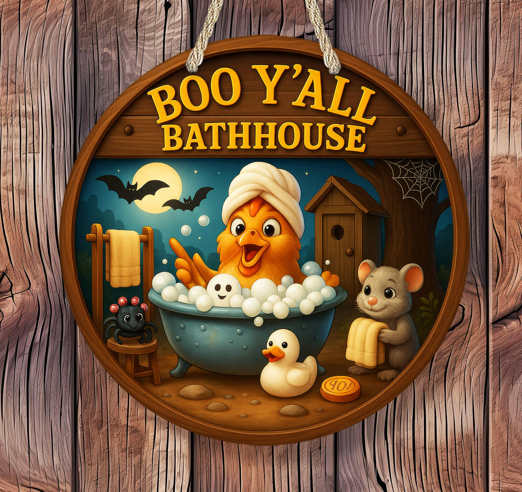 Decorative sign for 'Boo Y'all Bathhouse' with cartoon characters in a bathtub.