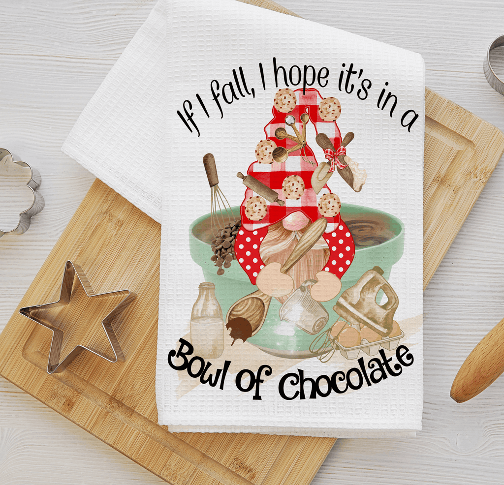 Funny baking kitchen towel featuring a gnome with chocolate and baking utensils, waffle weave fabric, and the quote 'If I Fall, I Hope It’s in a Bowl of Chocolate.' Perfect for chocolate lovers, bakers, and farmhouse kitchen decor