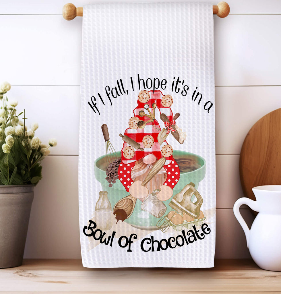 Funny baking kitchen towel featuring a gnome with chocolate and baking utensils, waffle weave fabric, and the quote 'If I Fall, I Hope It’s in a Bowl of Chocolate.' Perfect for chocolate lovers, bakers, and farmhouse kitchen decor - Personalized Kreation