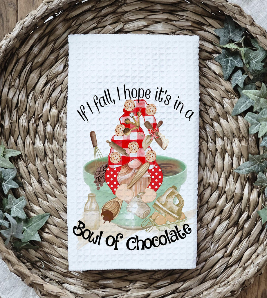 Funny baking kitchen towel featuring a gnome with chocolate and baking utensils, waffle weave fabric, and the quote 'If I Fall, I Hope It’s in a Bowl of Chocolate.' Perfect for chocolate lovers, bakers, and farmhouse kitchen decor - Personalized Kreation