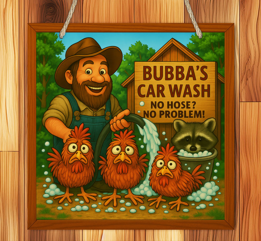 Framed cartoon sign for 'Bubba's Car Wash' with a man, chickens, and raccoon on a wooden background.