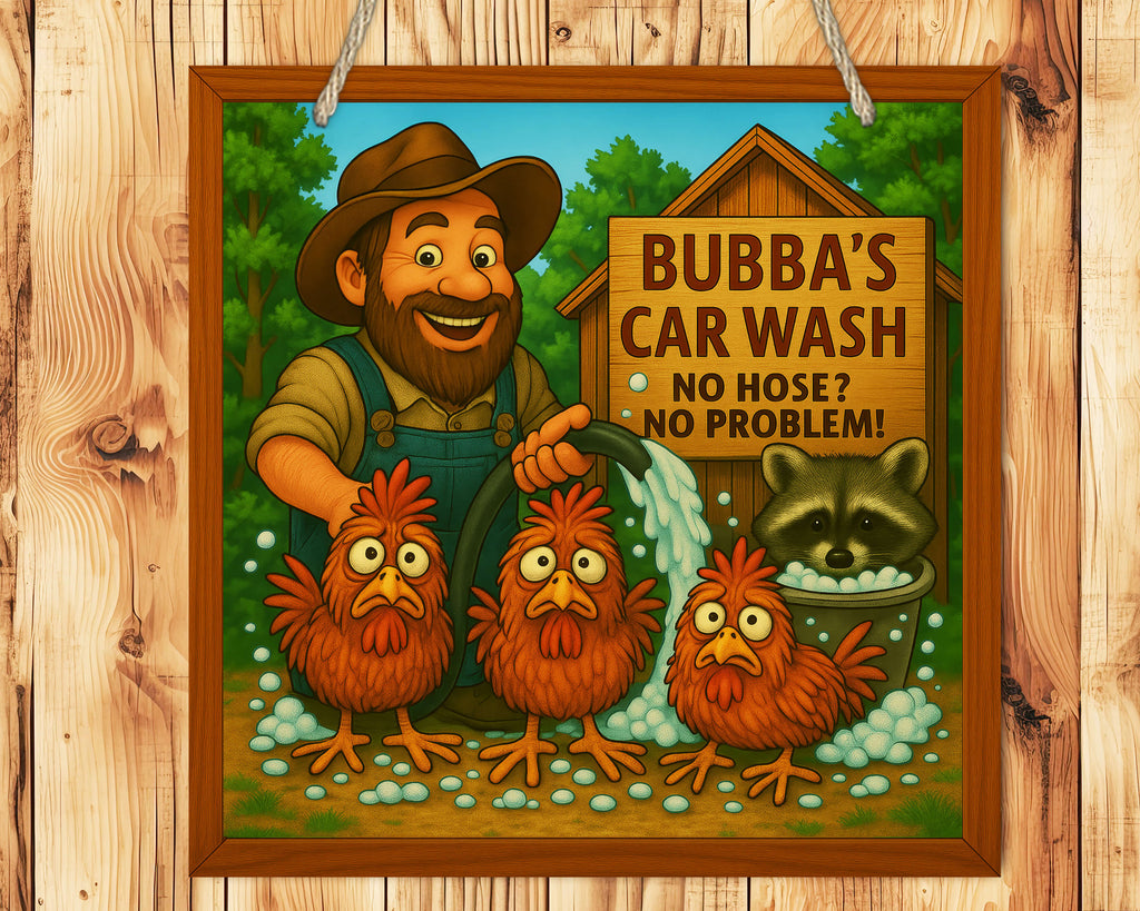 Cartoon illustration of a man with chickens at a car wash, framed on a wooden background.