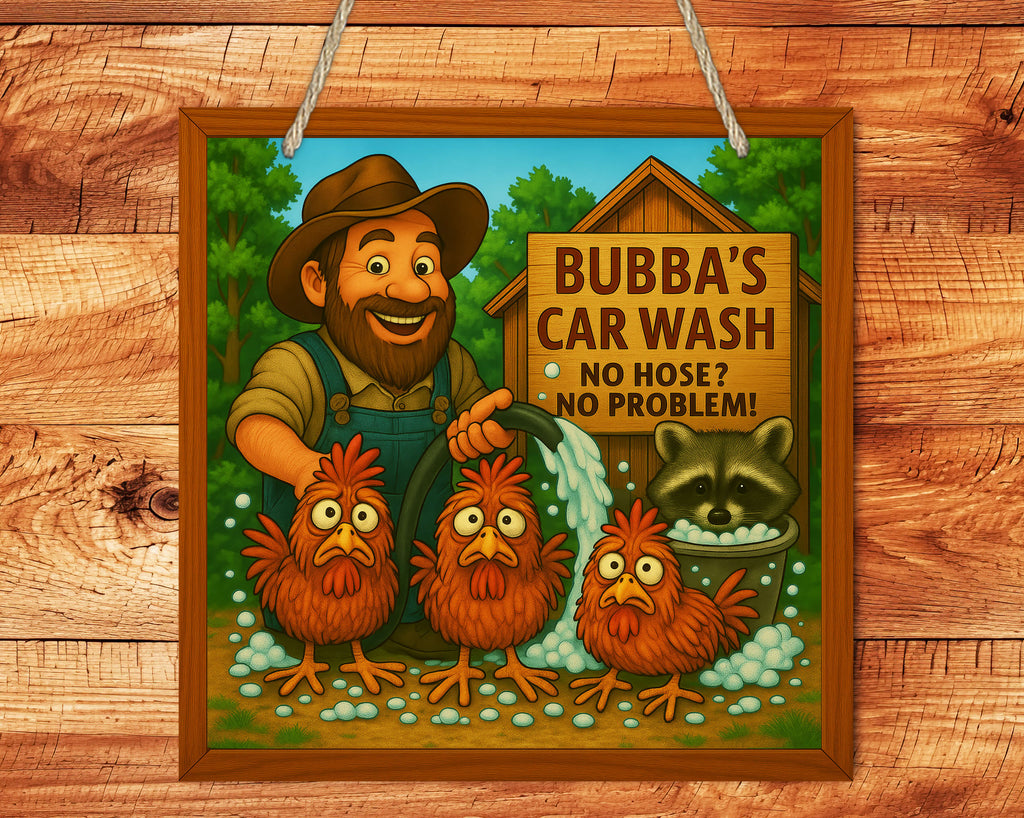 Cartoon illustration of a man with animals at a car wash, framed on a wooden background.