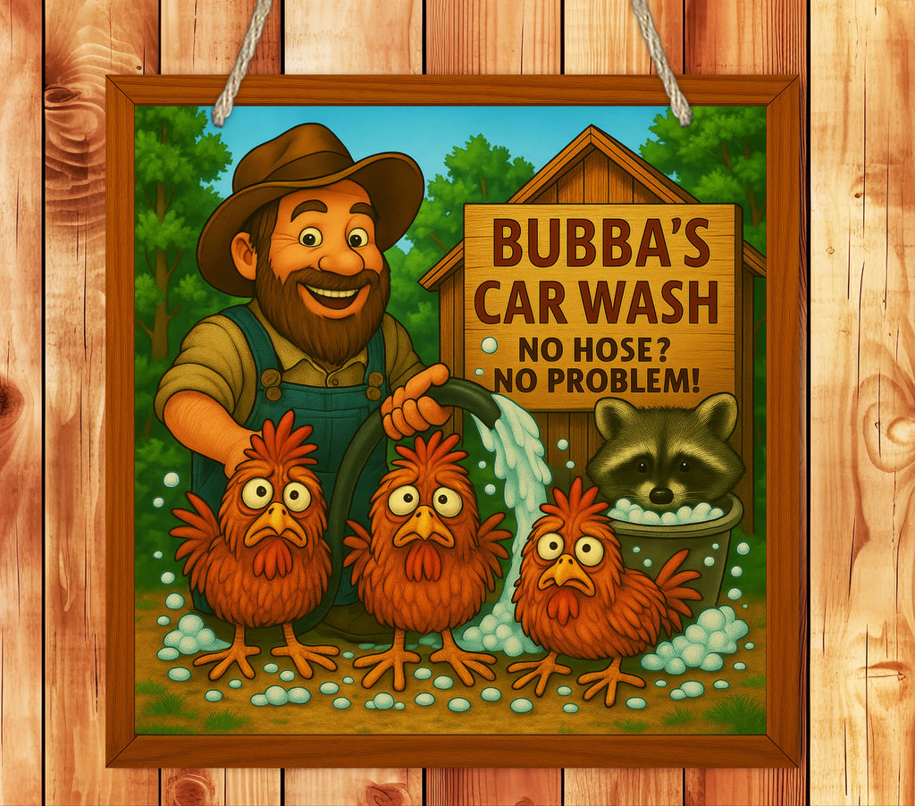 Cartoon sign of a man with chickens at a car wash, framed on a wooden background.