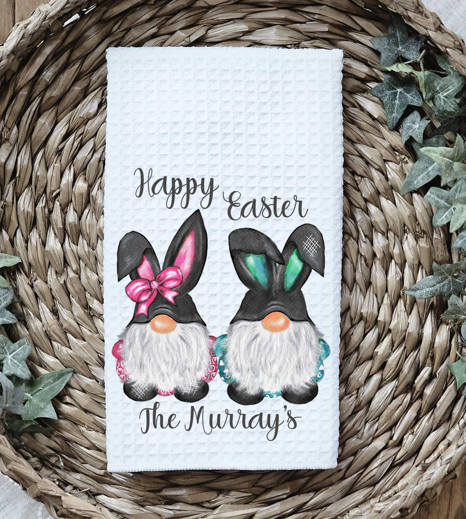 Personalized Easter Gnome Towel - Bunny Kitchen Towel for Happy Easter Decor - Farmhouse Spring Tea Towel - Custom Hostess Gift - Personalized Kreation