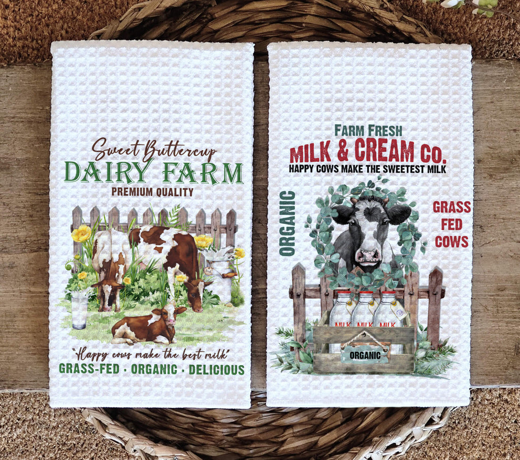 Farmhouse cow kitchen towels featuring rustic dairy farm designs, organic milk-inspired prints, and vintage country decor. Made from absorbent waffle weave fabric, perfect for farmhouse kitchens, homestead decor, and country-style homes - Personalized Kreation LLC