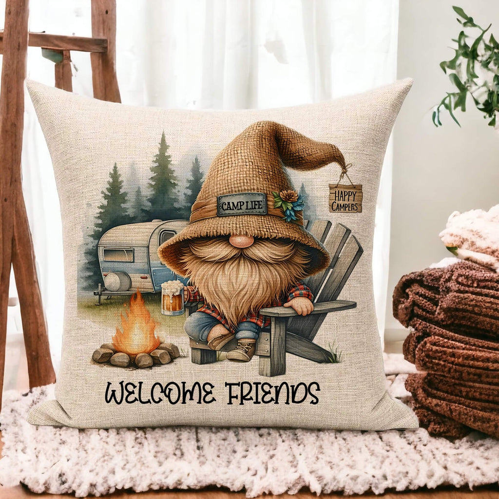 Happy Camper Gnome Pillow – Rustic Campfire & Trailer Decor for Cozy Camping Vibes - Personalized Kreation