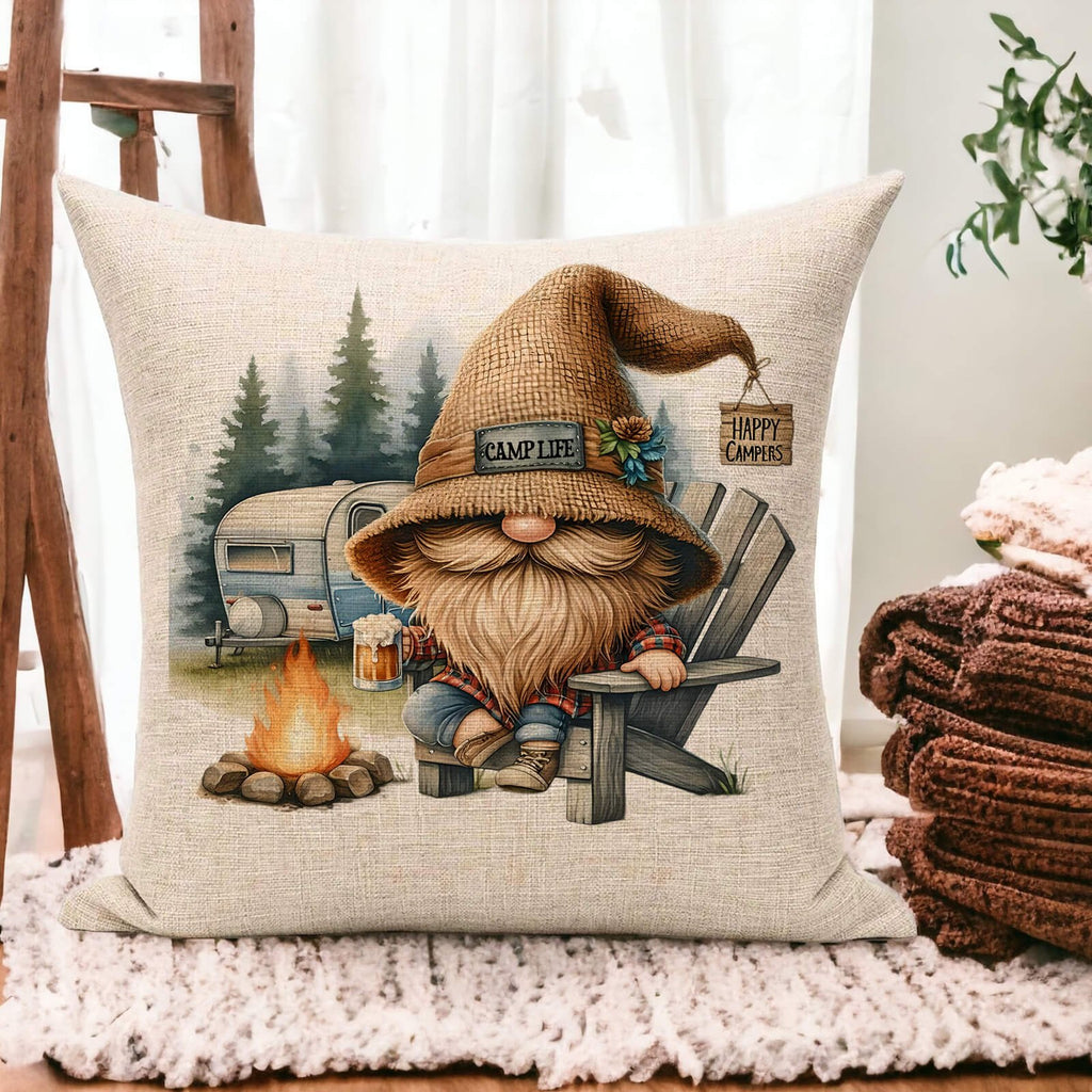 Happy Camper Gnome Pillow – Rustic Campfire & Trailer Decor for Cozy Camping Vibes