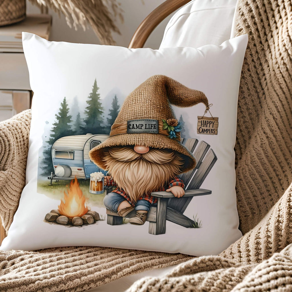 Happy Camper Gnome Pillow – Rustic Campfire & Trailer Decor for Cozy Camping Vibes - Personalized Kreation