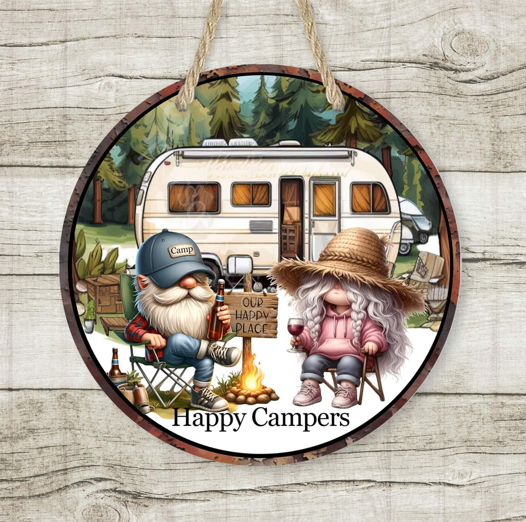 Rustic camper gnome sign featuring a cozy campfire scene with charming gnomes, a vintage RV, and nature-inspired details. Perfect for decorating RVs, campsites, or outdoor retreats. Ideal for glamping lovers and camping enthusiasts - Personalized Kreation