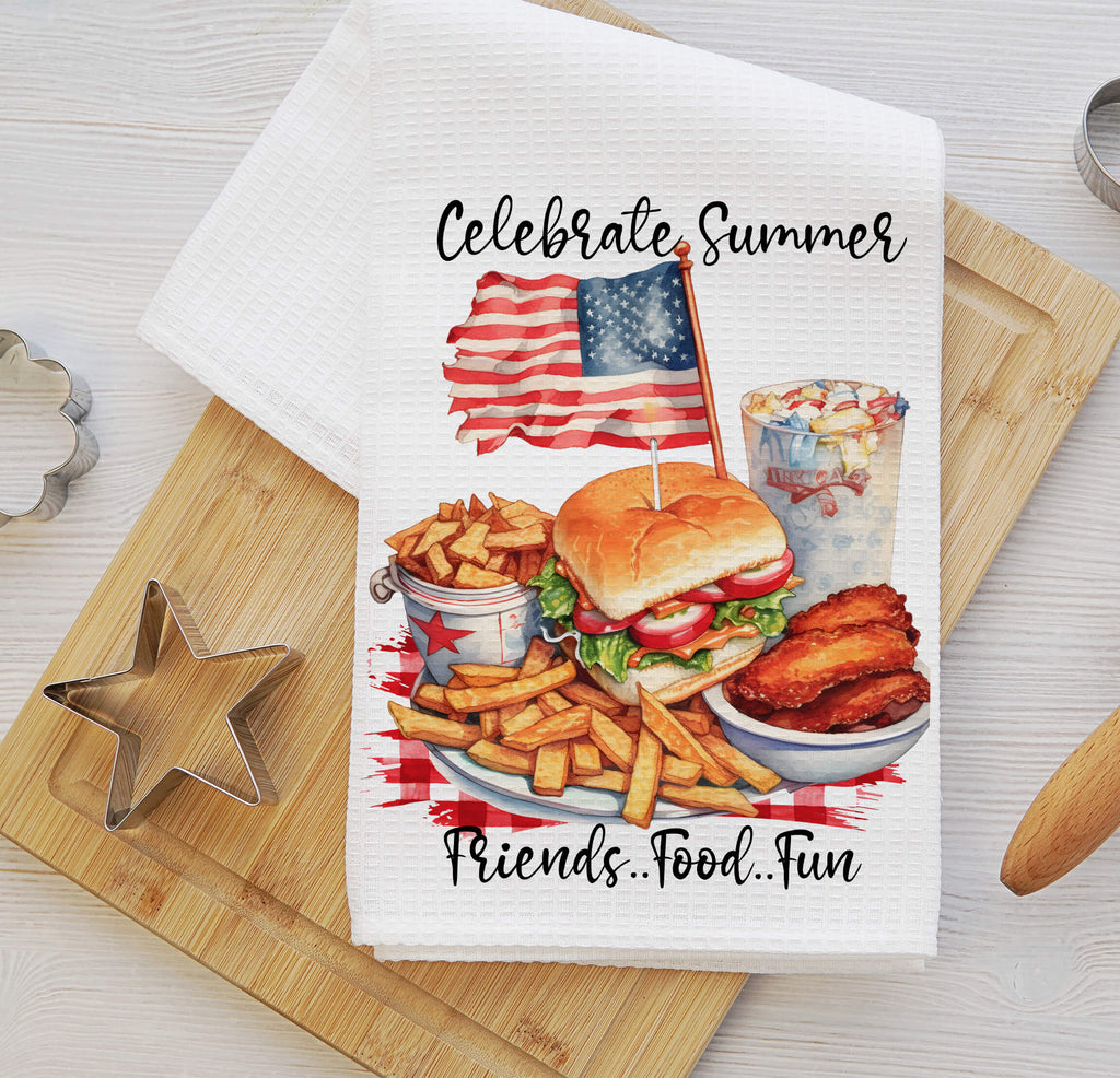 Festive 4th of July kitchen towel featuring an American flag, burger, fries, and summer BBQ food, perfect for patriotic kitchen decor, summer gatherings, and holiday celebrations. Ideal for Independence Day, Memorial Day, and backyard cookouts - Personalized Kreation