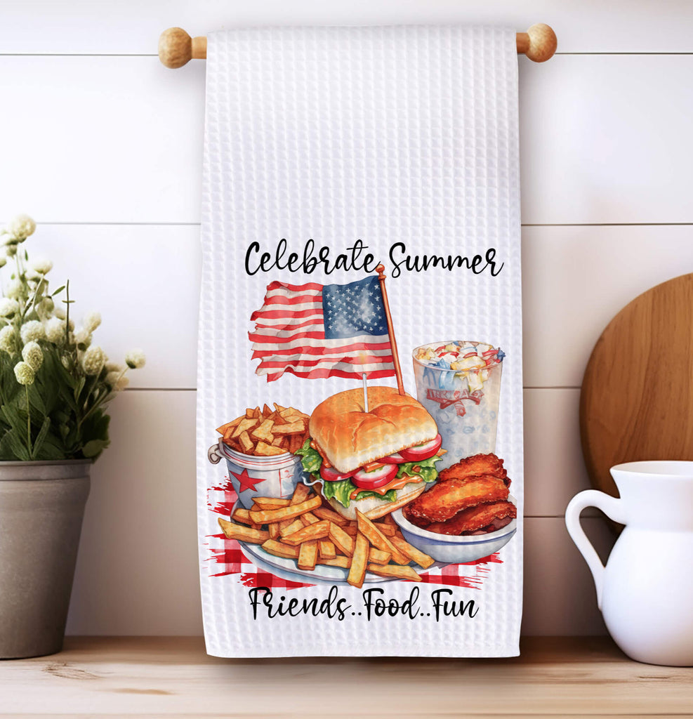 Festive 4th of July kitchen towel featuring an American flag, burger, fries, and summer BBQ food, perfect for patriotic kitchen decor, summer gatherings, and holiday celebrations. Ideal for Independence Day, Memorial Day, and backyard cookouts - Personalized Kreation