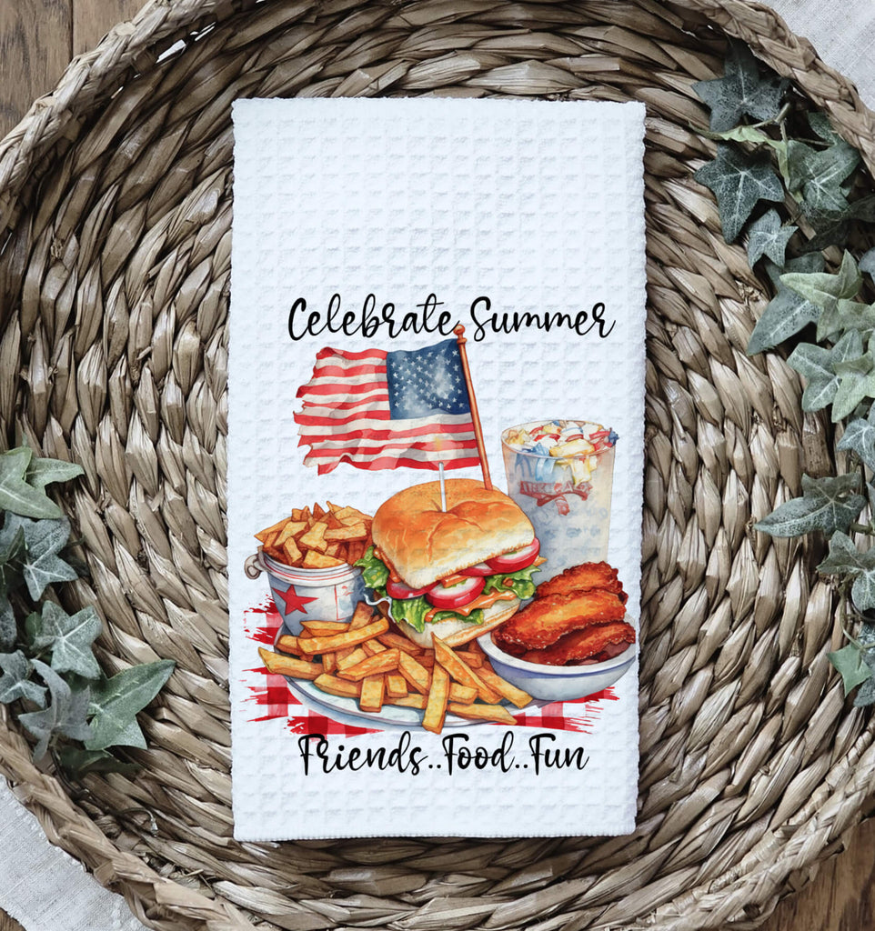 Festive 4th of July kitchen towel featuring an American flag, burger, fries, and summer BBQ food, perfect for patriotic kitchen decor, summer gatherings, and holiday celebrations. Ideal for Independence Day, Memorial Day, and backyard cookouts - Personalized Kreation