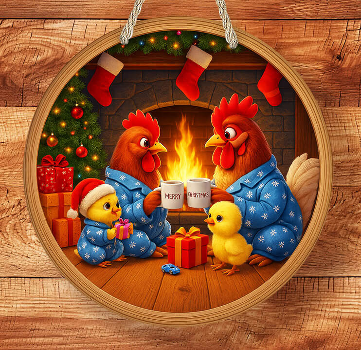 Illustration of chickens and chicks in pajamas by a Christmas fireplace.