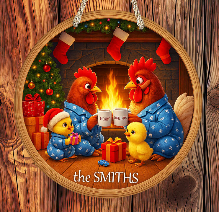 Illustration of chickens and chicks in pajamas by a fireplace with Christmas decorations.
