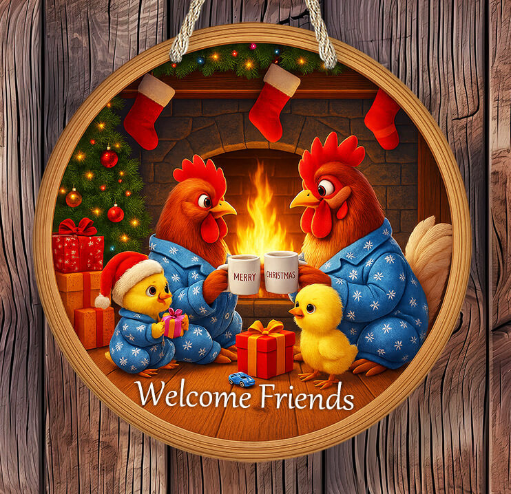Decorative wall art with chickens in pajamas by a fireplace, surrounded by Christmas decorations.