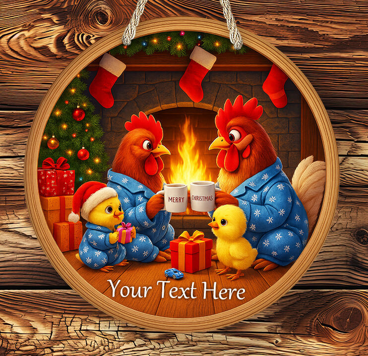 Illustration of chickens and chicks in pajamas by a fireplace with Christmas decorations.