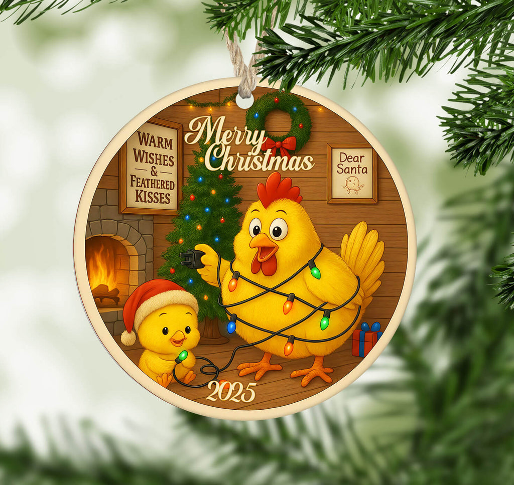 Christmas ornament with cartoon chickens decorating a tree, surrounded by Christmas decorations.