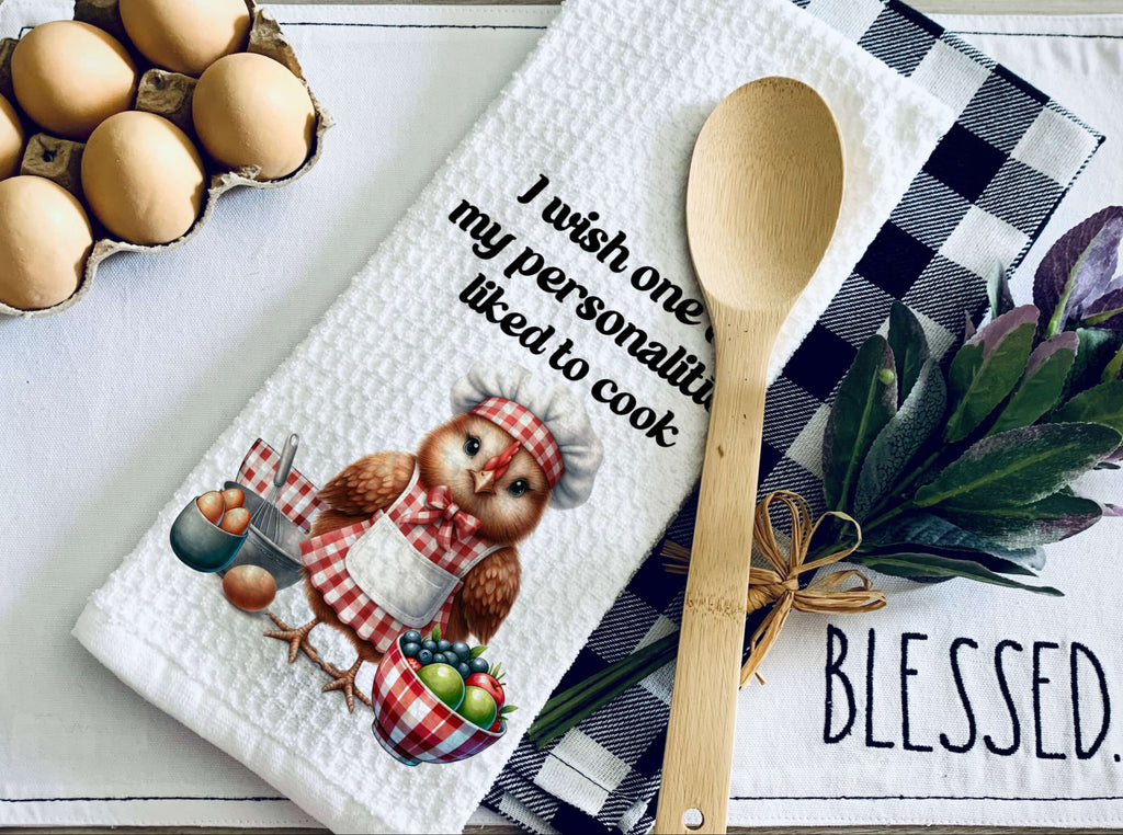 Rustic farmhouse kitchen towel featuring a cute chicken in a chef outfit with a funny cooking quote. Made from absorbent microfiber waffle weave, perfect for drying dishes and adding country charm to any kitchen decor. Great gift for farmhouse lovers - Personalized Kreation