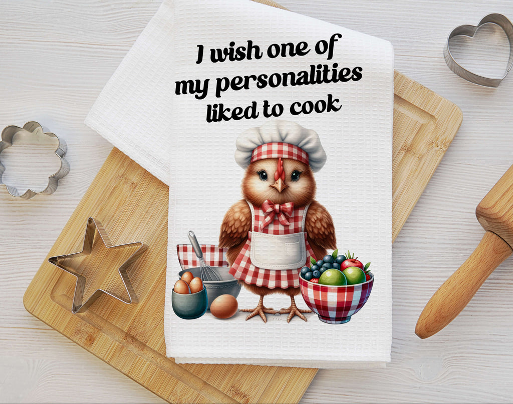 Rustic farmhouse kitchen towel featuring a cute chicken in a chef outfit with a funny cooking quote. Made from absorbent microfiber waffle weave, perfect for drying dishes and adding country charm to any kitchen decor. Great gift for farmhouse lovers - Personalized Kreation